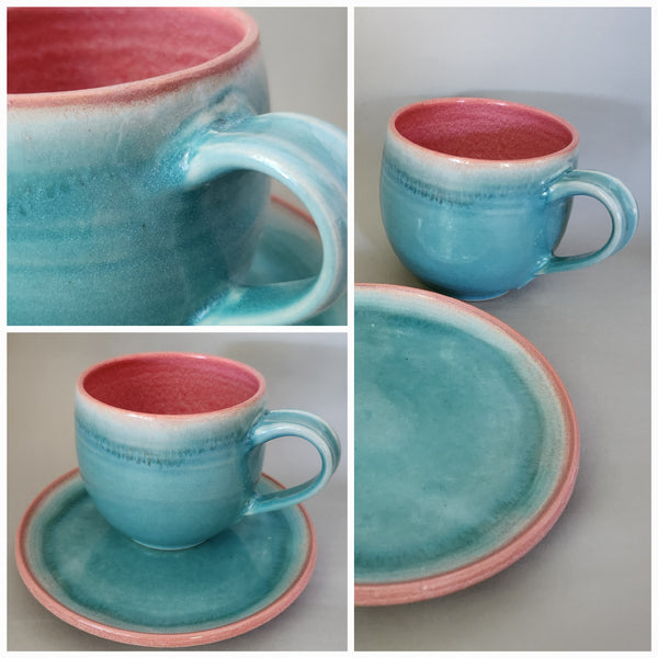 Set Teller rund plus Tasse 0,5l Türkis/Rosé
