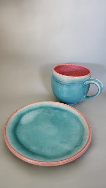 Set Teller rund plus Tasse 0,5l Türkis/Rosé